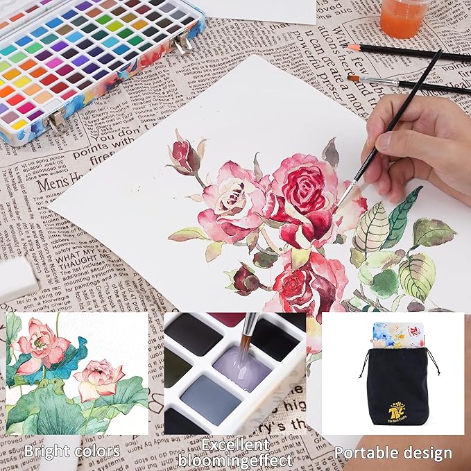 TBC The Best Crafts 100 Colors Watercolor Paint Set For Kids, Students and Artists, Amateur,Beginner.Set includes Coloring Sheets, Black Dual Tip Acrylic Paint Markers, Storage Bag