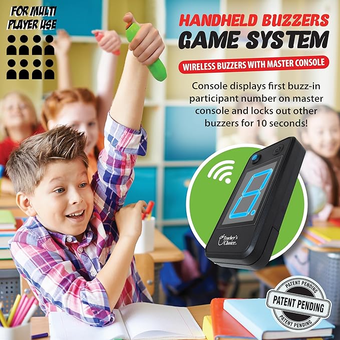 Teacher's Choice 8 Player Wireless Handheld Game Buzzer System - Displays First Buzz-in - Great for Jeopardy, Family Feud, Trivia and Buzzer Games - Console with 8 Joystick Buzzers, 8 Unique Sounds