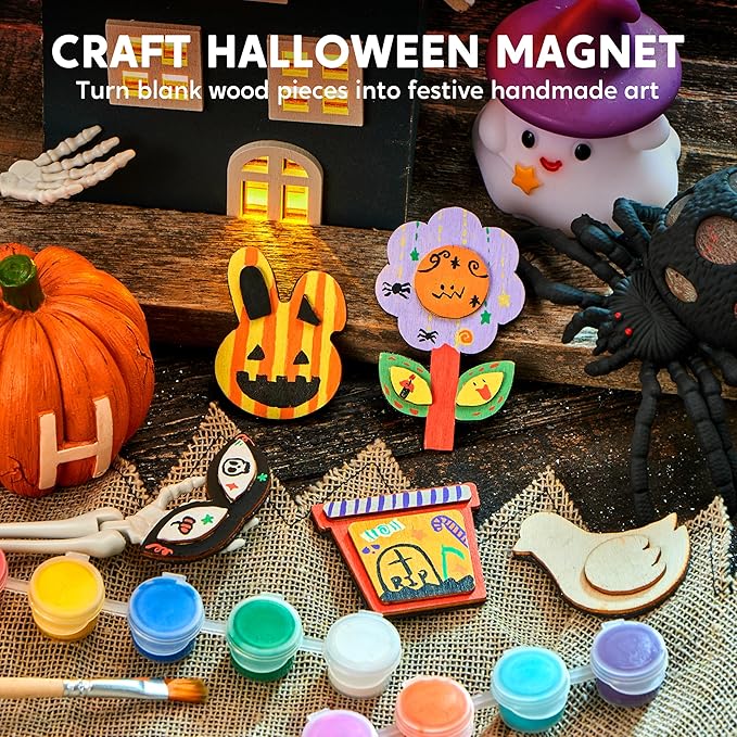 JOYIN 12 Wooden Magnet Creativity Arts & Crafts Painting Kit for Kids, Decorate Your Own Painting Gift for Halloween Crafts, Birthday Parties and Family Crafts, Party Favors for Boys Girls