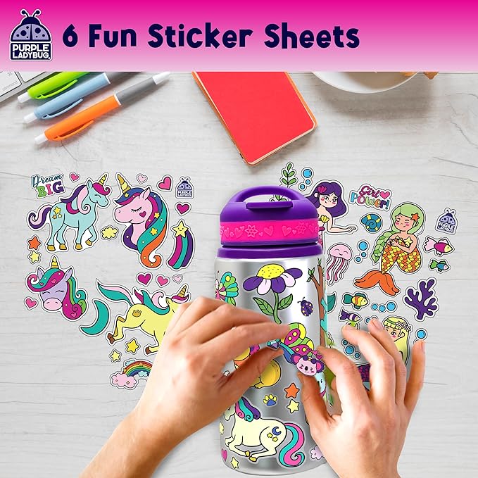 PURPLE LADYBUG Decorate Your Own Water Bottle Kit - Gifts for Girls Ages 4-8 Years Old Birthday, Little Girl Gifts, Kids Water Bottle for School, Christmas Gift for Girls
