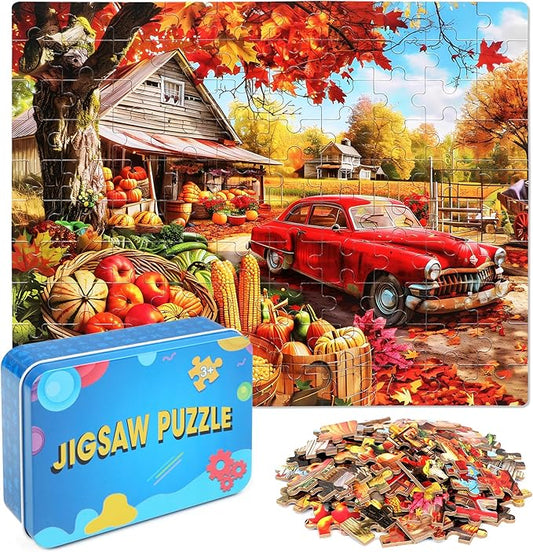 LELEMON Autumn Jigsaw Puzzles in a Metal Box 100 Pieces Autumn Pumpkin Red Car Maple Leaves Jigsaw Puzzle for Kids Ages 4-8 Children Learning Educational Puzzles Toys