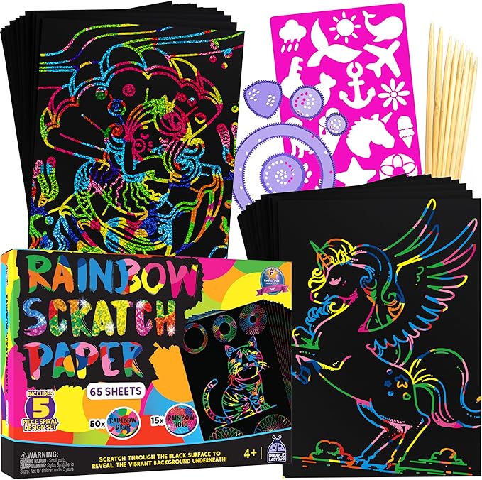 PURPLE LADYBUG Rainbow Scratch Art Paper, 79 PCS Creative Drawing Paper & Stencils - Arts and Crafts for Ages 4-12, Kids Craft Activity Set for Halloween, Christmas Gift, Birthday Party Games