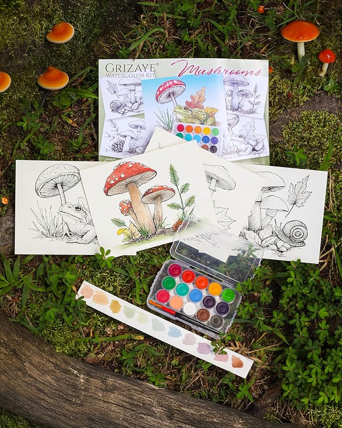 Mushroom Watercolor Kit – 4 Painting Projects for Pro Artists, Beginners, or Groups – Includes Premium Paper, Paint, Brush & Guide – Perfect for Travel or Home DIY Art