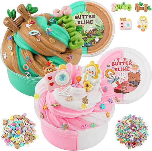 LAWOHO 2X120ml Butter Slime Kit Includes Two-Toned Butter Slime with 6 Packs Add-Ins, Slime for Kids Party Favors, Butter Slime for Kids Birthday Halloween Christmas, Slime Kit for Girls & Boys(Yard)