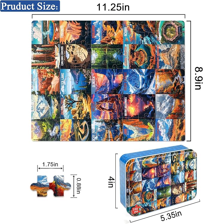 LELEMON Nation Park Jigsaw Puzzles in a Metal Box 100 Pieces World Park Jigsaw Puzzle for Adults Kids Ages 4-8 Children Learning Educational Puzzles Toys