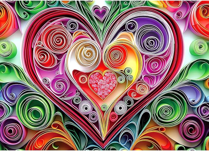 1000 Piece Colorful Heart Jigsaw Puzzle for Adults - Beautiful Cut Paper Heart Arrangement, 27.5" x 19.6", Multicolor, Perfect for Game Nights & Wall Art Display