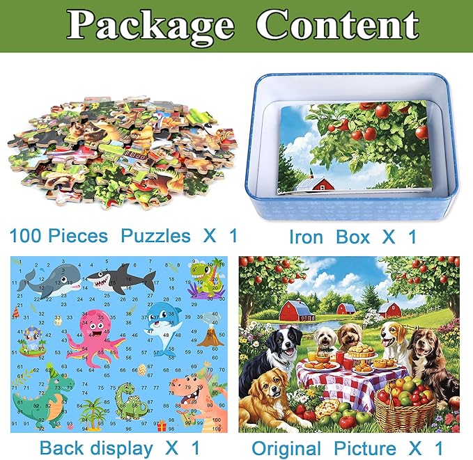 Puppy Dogs Animal Picnic Puzzles for Kids Ages 4-8, 100 Pieces Jigsaw Puzzles for Kids Ages 3-5 Puzzle for Girls and Boys Learning Educational Puzzles Toys in a Metal Box