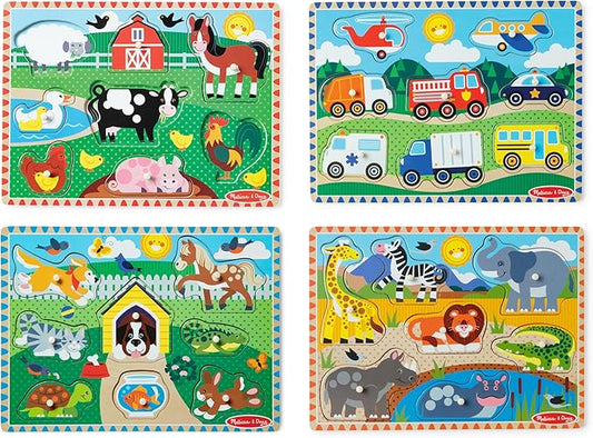 Melissa & Doug Wooden Peg Puzzle Set – 4-Pack Vehicle, Farm, Safari & Pet Animal Themes – Educational Puzzles for Toddlers and Preschoolers Ages 2+