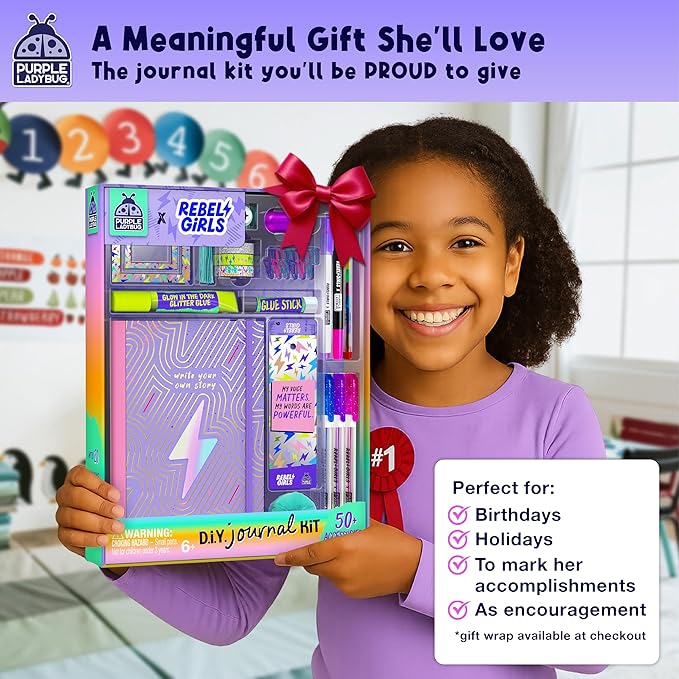 PURPLE LADYBUG Rebel Girls DIY Journal Kit - 50+ Crafting Accessories, Journaling Kit for Girls Ages 8-12, Ideal Birthday Gift for 8-12 Teens and Tweens, Empowering Creativity & Self-Expression