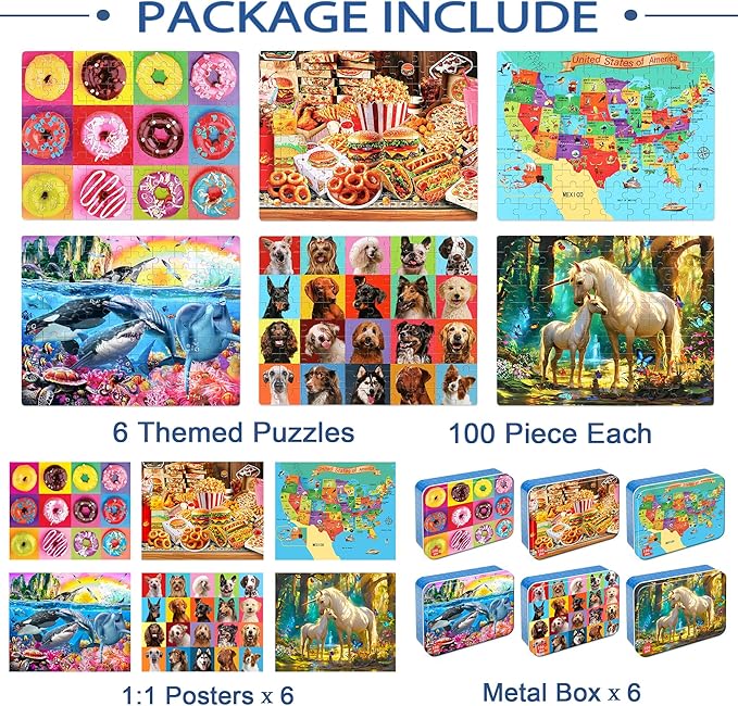LELEMON Puzzles for Kids Ages 4-6,6 Pack 100 Piece Puzzles for Kids Ages 4-8 in a Metal Box,Educational Jigsaw Puzzles Puzzle Games Puzzle Toys for Girls and Boys