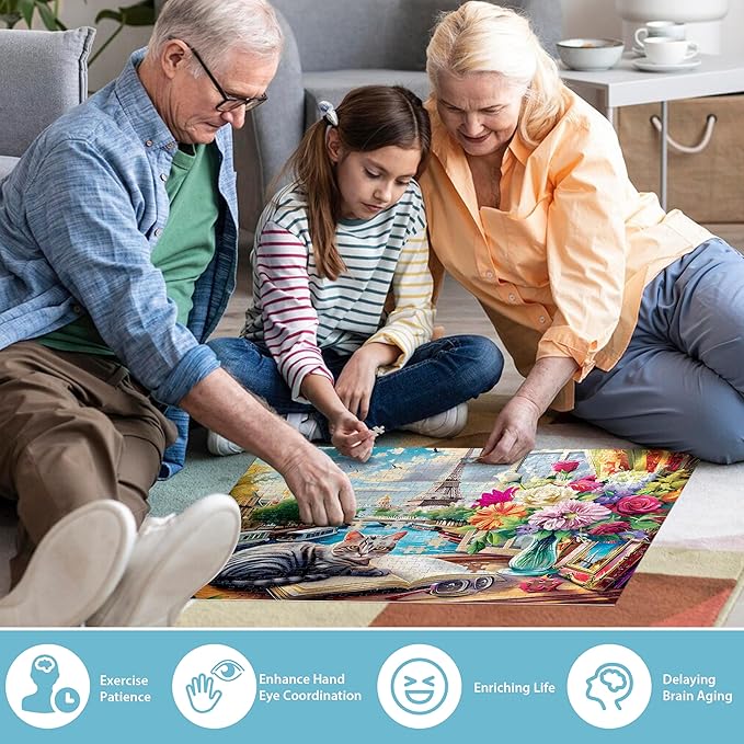 500 Pieces Puzzle for Adults Puzzle Cat Paris Puzzle for Elderly Children, Recycled Paper Jigsaw Puzzle 500 Pieces Challenging Puzzle Family Game Gift for Friends, Finished Size is 21x15 in