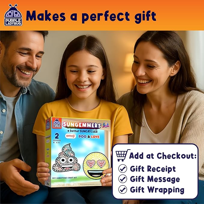 SUNGEMMERS DIY Gemstone Craft Kit – Emoji Poo & Love Designs - Arts and Crafts for Kids Ages 6-12 Girls & Boys - Suncatcher Kit for Girls Birthday Gifts, Summer Toys, Window Diamond Art