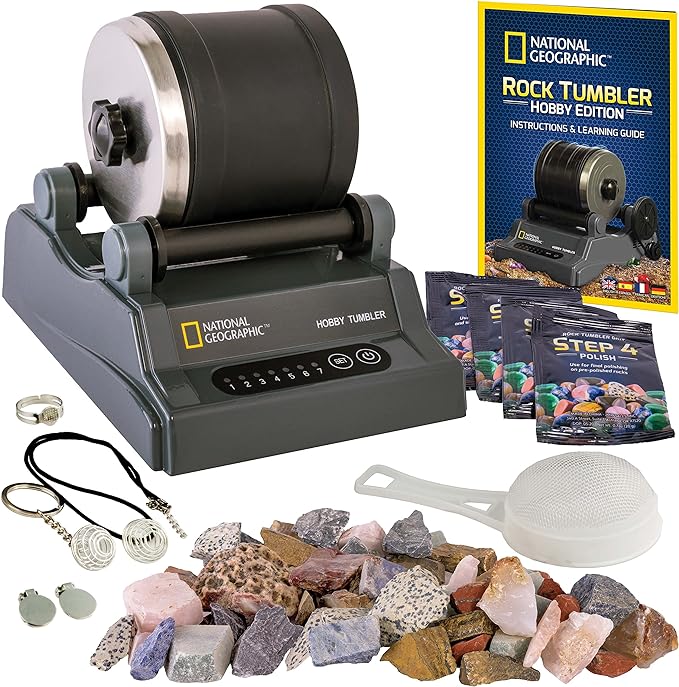 Blue Marble National Geographic Rock Tumbler Kit – Hobby Edition Includes Rough Gemstones, and 4 Polishing Grits, Great STEM Science Kit for Geology Enthusiasts, Rock Polisher for Kids and Adults