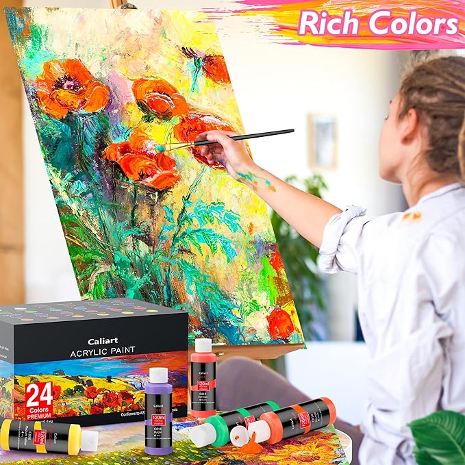 Caliart Acrylic Paint Set with 12 Brushes, 24 Colors (120ml, 4oz) Art Craft Paints for Artists Kids Students Beginners & Painters, Canvas Ceramic Wood Rock Painting Art Supplies Kit