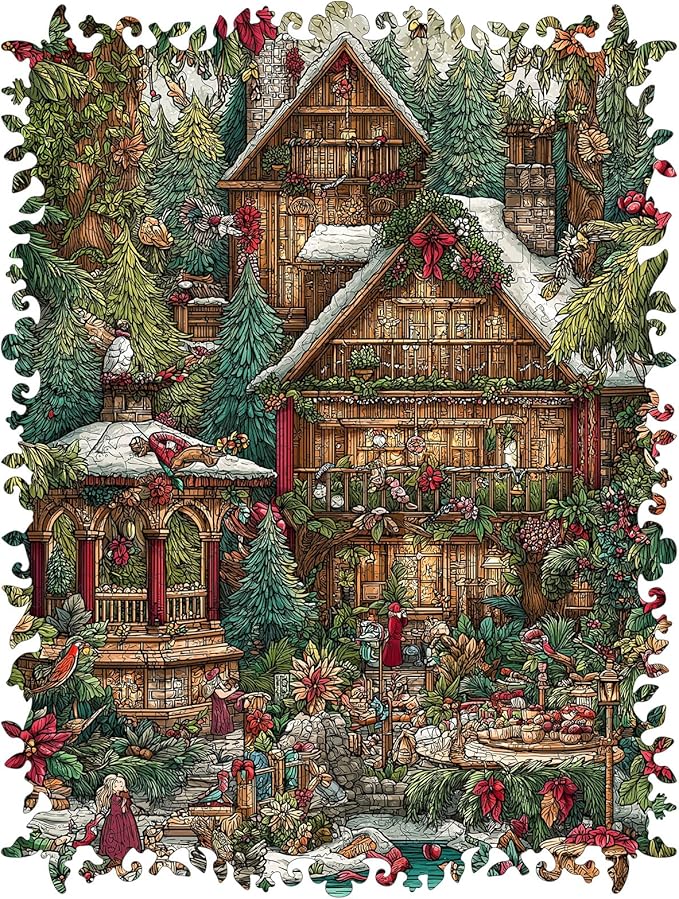 Christmas Forest House Wooden Jigsaw Puzzle for Adults - 200 Pcs, 8.9'' x 11.8'', Educational Wood Puzzle, Family Game, Brain Teaser Gift for Boys & Girls, Beautiful Packaging