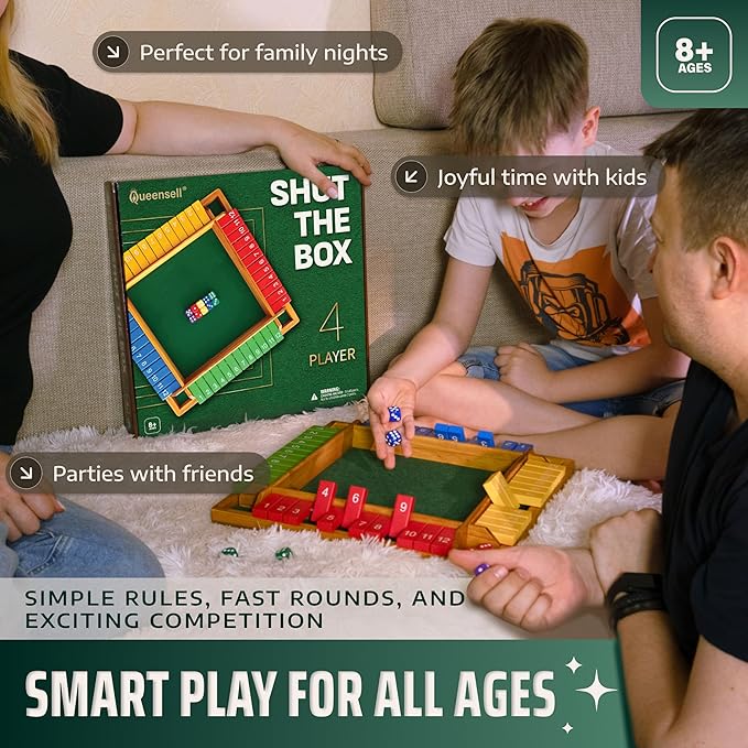 Shut The Box Game Wooden Board for 4 Players - 14-inch Shut The Box Game 12 Numbers for Adults & Kids - Ideal for Games Night