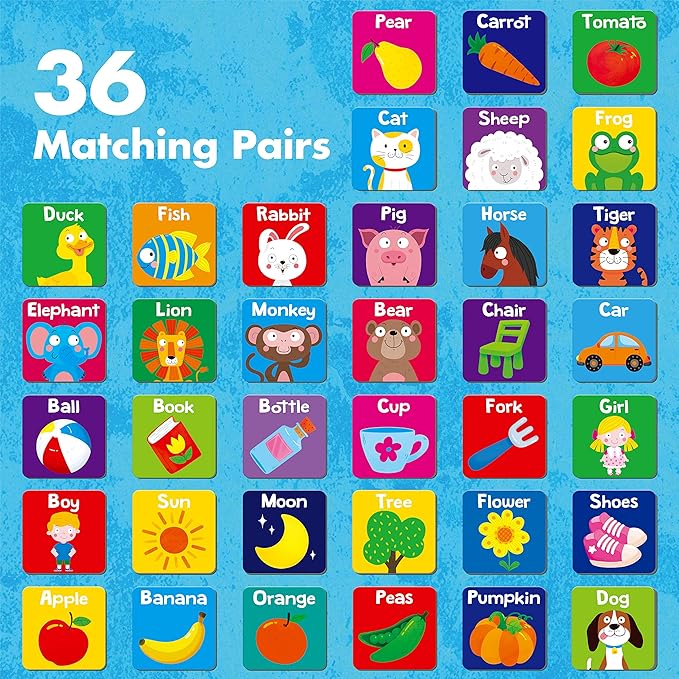 Memory Matching Game, 72 PCS First Words Matching Cards for Toddlers 36 Pairs Memory Cards Educational Toys for Preschool 4 5 6 Years Old