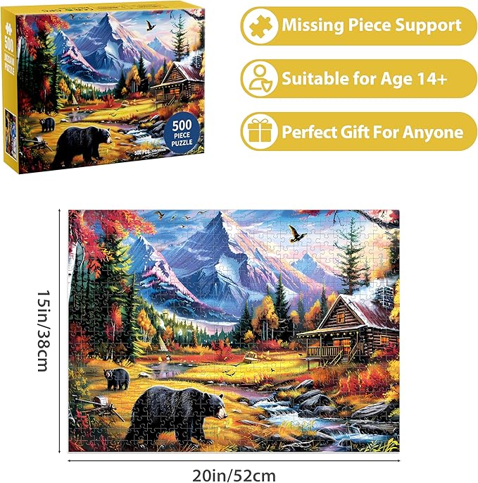 500 Pieces Jigsaw Puzzle for Adults - Bear Mountain Nature Theme for Children and Elderly - Recycled Paper, Challenging Family Game, Great Gift for Friends - 20.5 x 15 Inch