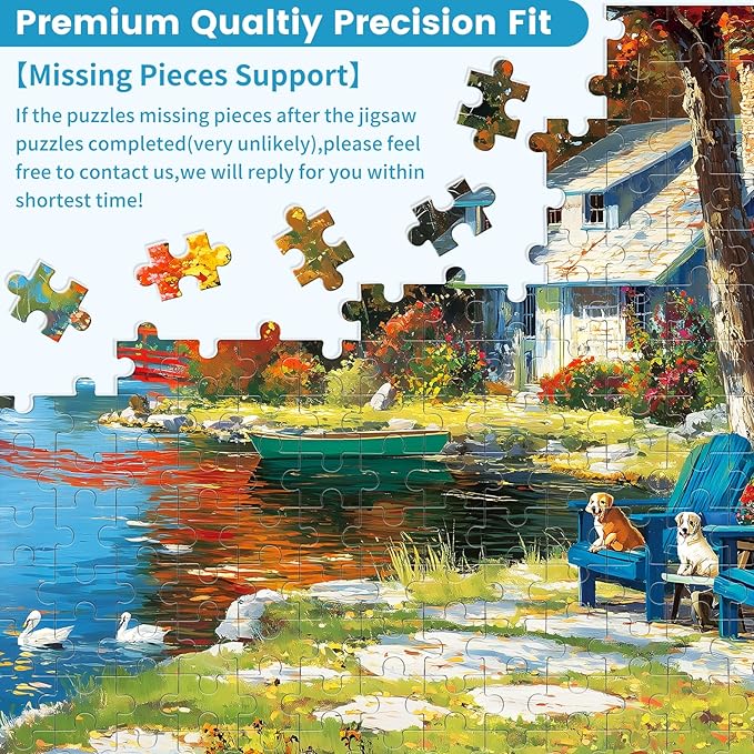 300 Piece Puzzle for Adults, Autumn Lakeside Cabin Jigsaw Puzzle with Dogs and Colorful Trees, Fall Season Cozy Retreat 300 Piece Puzzle, Relaxing Home Decor Gift for Adults, Kids, Seniors, 20.5×15 in