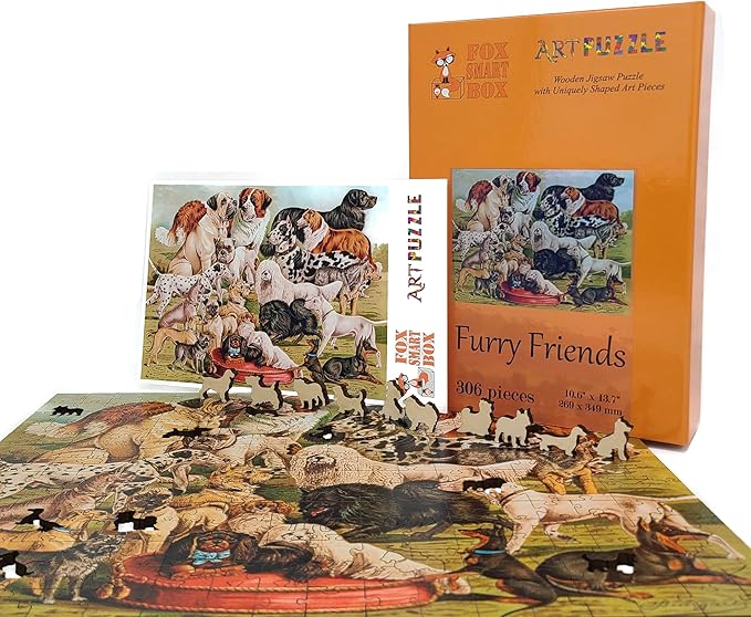 Wooden Jigsаw Puzzle for Adults - Uniquely Shaped Pieces - Made in The USA by FoxSmartBox - 306 Pieces - Furry Friends