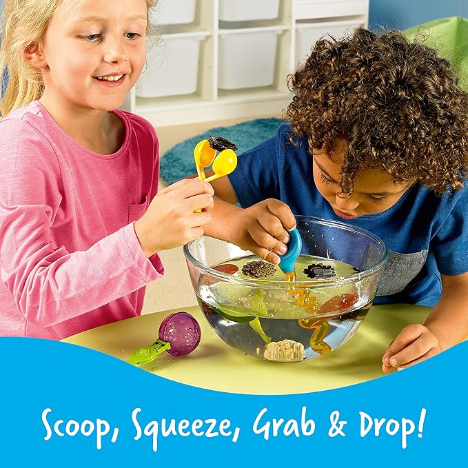 Learning Resources Helping Hands Fine Motor Tool Set Toy - 4 Pieces, Ages 3+ Fine Motor and Sensory Play Toys, Toddler Tweezers, Sensory Bin Toys