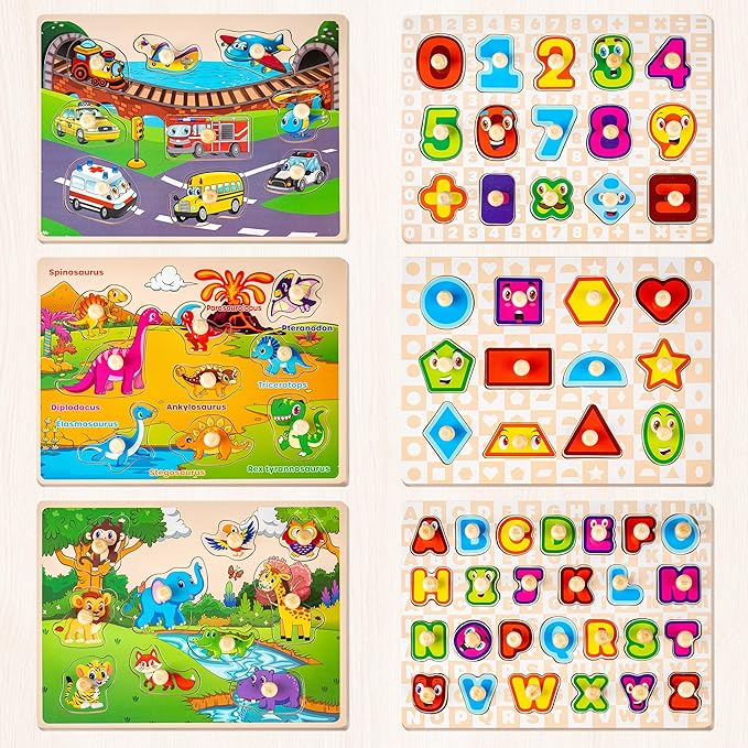 SYNARRY Wooden Puzzles for Toddlers 1-3, 6XSET Puzzles for Toddlers 2-4 with Rack, Learning Alphabet Number Shape Animal Dinosaur Vehicle, Education Toddler Puzzles Toys Gifts for 2 3 Years Boys Girls