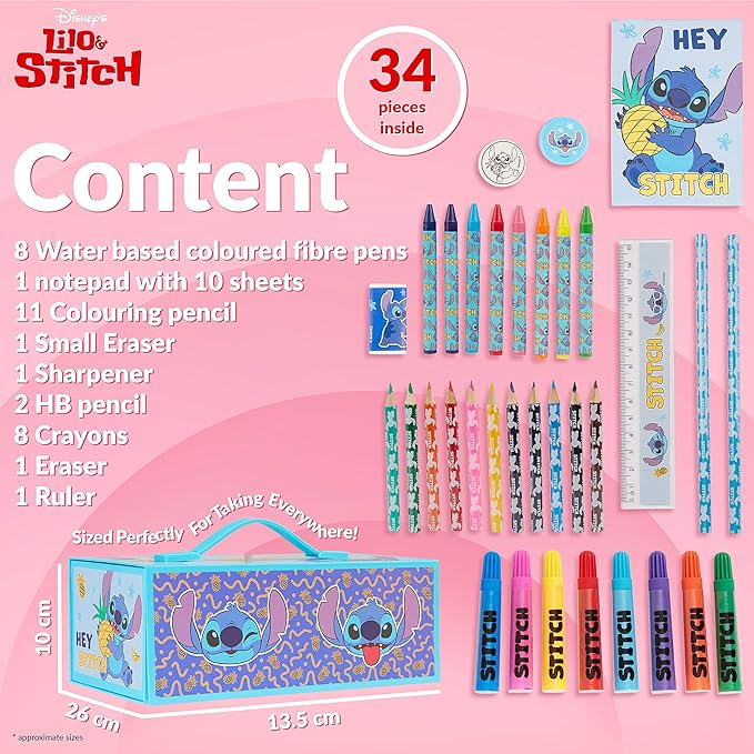 Disney Stitch Kids Colored Pencils Drawing Kit Art Set for Girls Boys Stationery with Notepad Crayons Markers Travel Case Gifts for Kids (Blue Stitch)
