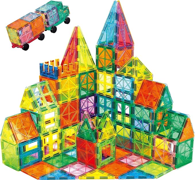 Magnetic Tiles 100PCS with 2 Cars, STEM Educational Building Blocks for Kids Ages 3-9, Magnet Construction Toys Gift for Toddlers