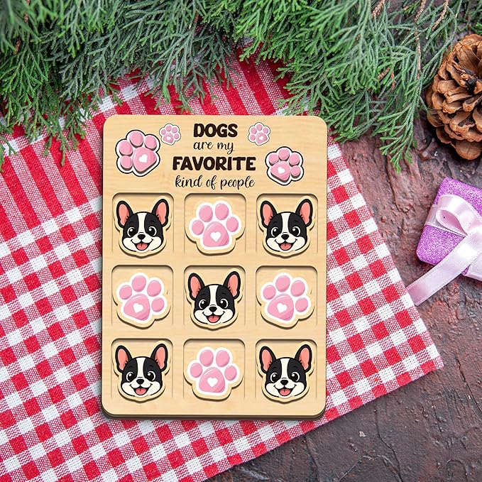 Personalized Dog XO Board Game, Personalized Cute Dog Wooden Noughts and Crosses Game, Pet Table Decor Road Trip Travel Game for Family (Dog 2)