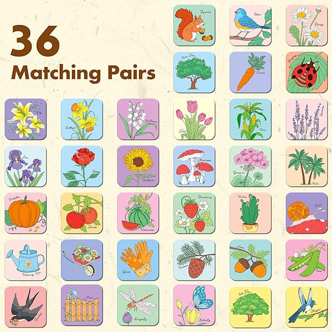 Memory Matching Game, 72 PCS Grow A Garden Matching Cards for Toddlers 36 Designs Memory Cards Educational Toys for Preschool 4 5 6 Years Old