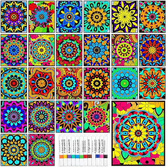 Zhanmai Pack of 48 Mandala Velvet Coloring Posters and Watercolor Pens Flower Fuzzy Velvet Coloring Posters for Adults Teenagers Large Poster for Classroom Festive Holiday Crafts Activity