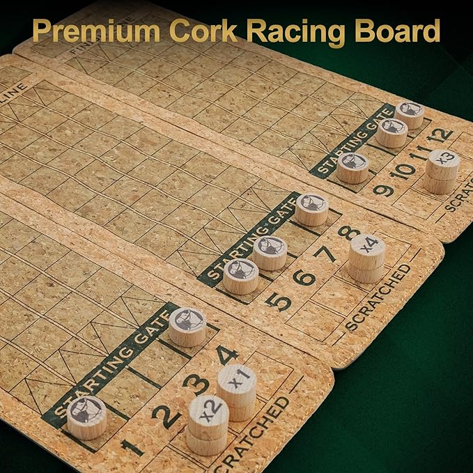Horse Race Board Game, Portable Horse Racing Game with Rollable Cork Mat, 12 Solid Wooden Horses, 2 D12 & Cards, Travel Horse Game with Storage Bag, Travel Board Games for Family Nights Party Gifts