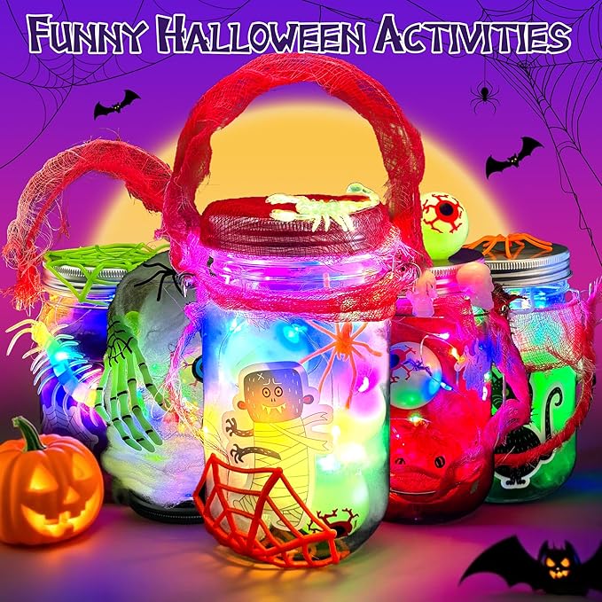 AIVEI 6 Pack Halloween Crafts for Kids Mason Jar with Accessories DIY Lantern Art Crafts Kits, Halloween Activities Toys Gifts for Girls Boys Adults