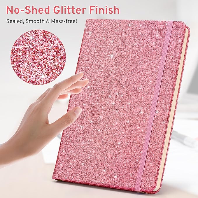 Pink Glitter Notebook, 8.4"x 5.7", 200 Lined Pages, No-Shed Sparkle Journal for Girls & Women, A5 Hardcover Diary for Writing, Birthday Gift for Teen Kids, Trendy Stuff for 6 8 9 10 11 12 Year Old