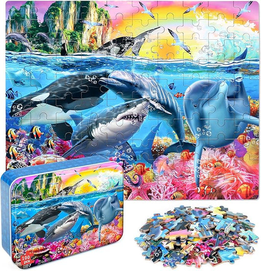LELEMON Puzzles for Kids Ages 4-6,Underwater World 100 Piece Puzzles for Kids Ages 4-8 in a Metal Box, Educational Jigsaw Puzzles 100 Piece Puzzle Games Puzzle Toys for Girls and Boys
