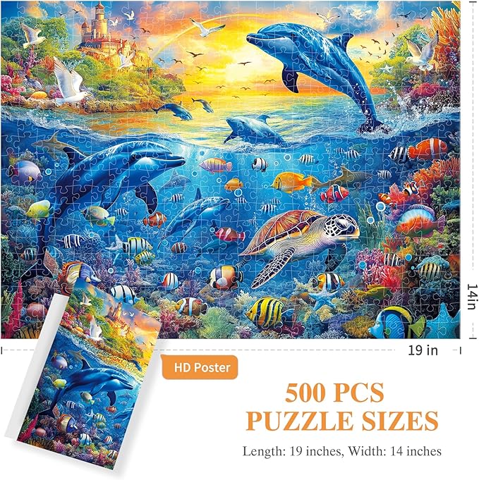 ALL4JIG Ocean World Fun Jigsaw Puzzles for Adults and Kids, 500 Pieces, 19" x 14", Christmas Secret Santa Gift, White Elephant Gifts, Number Partitioned for Easy Solving