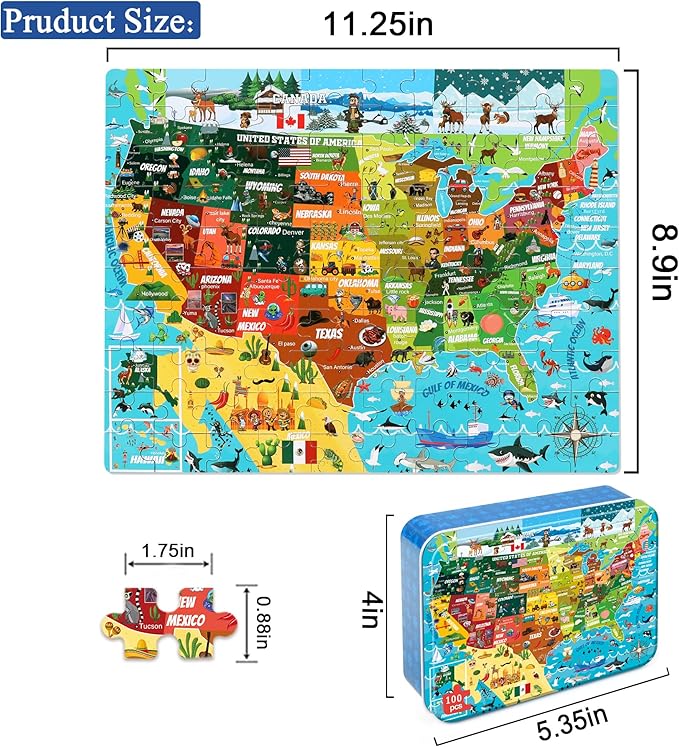 LELEMON United States Puzzles for Kids Ages 4-8,100 Pieces USA Animal Map Jigsaw Puzzles in a Metal Box,Fun America Map Learning Educational Toys for Boys Girls