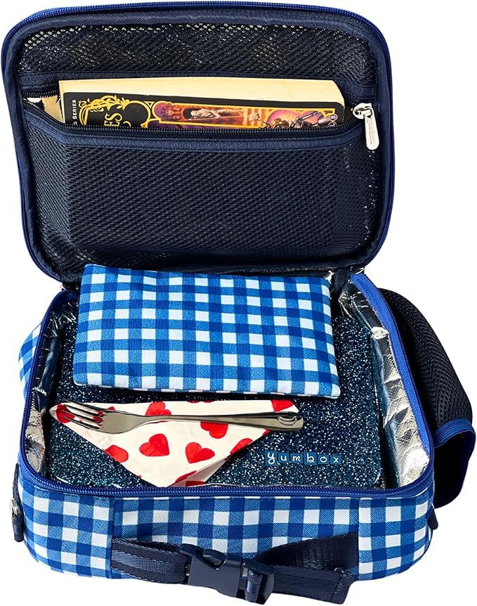 Yumbox Kids Lunch Bag, Holds Lunch Box and Water Bottle, 3 Ways to Carry, Zip Closure, Inside Zipper Netting, Wipe Clean Fabric with EVA lining for extra insulation (Vichy Blue)