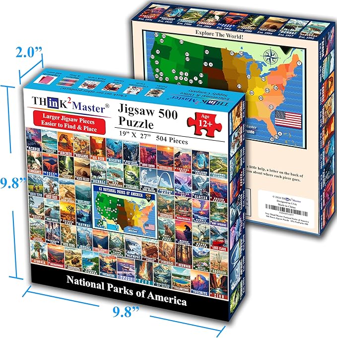 Think2Master Colorful Vintage USA National Parks 500 Pieces Large Format Jigsaw Puzzle for Kids 12+, Teens, Adults & Families. Great Gift for People Interested in Traveling. Size: 26.8” X 18.9”
