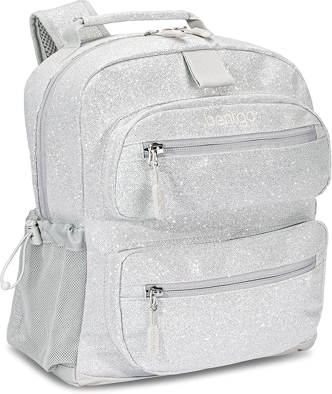 Bentgo Kids Glitter Backpack - Lightweight 14” Backpack for School, Travel & Daycare, Ideal for Ages 4+, Durable & Water-Resistant, Roomy Interior, & Loop for Lunch Bag (Glitter Edition - Silver)
