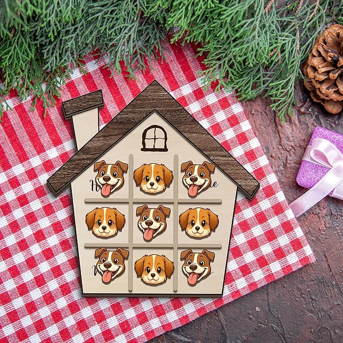 Personalized Dog XO Board Game, Personalized Cute Dog Wooden Noughts and Crosses Game, Pet Table Decor Road Trip Travel Game for Family (Dog 1)