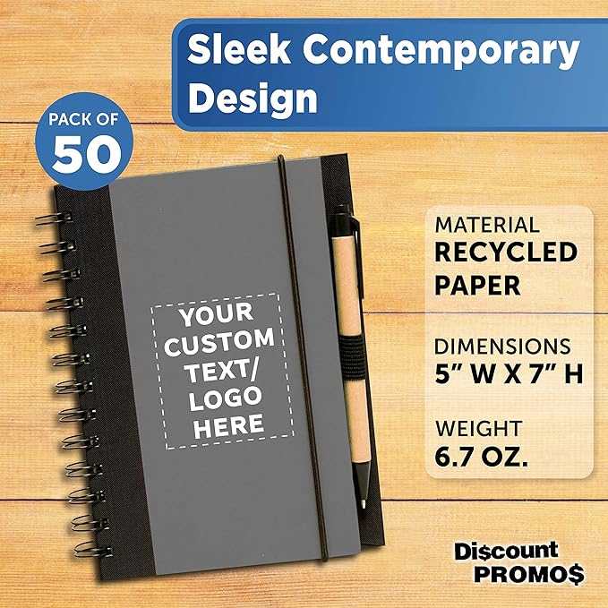 DISCOUNT PROMOS Custom Eco Block Notebooks with Pens Set of 50, Personalized Bulk Pack - Perfect for School, Office, Business, Home - Smoke