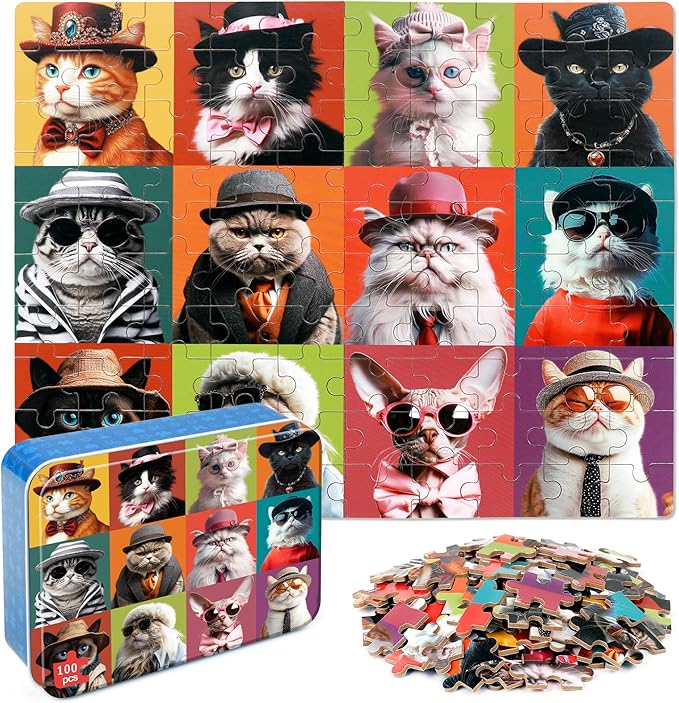 LELEMON Cat Jigsaw Puzzles in a Metal Box 100 Pieces Cat Jigsaw Puzzle for Kids Ages 4-8 Children Learning Educational Puzzles Toys