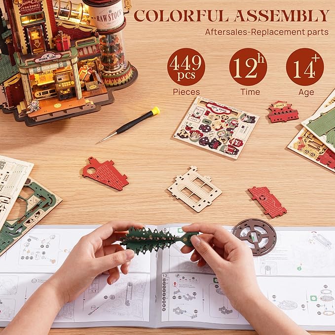 ROKR 3D Puzzle for Adults Christmas Style Dream Gift Factory Wooden Model Kit Luminous Factory DIY Dollhouse Kit Building with Music, Lights and 5 Elves for Teens & Kids