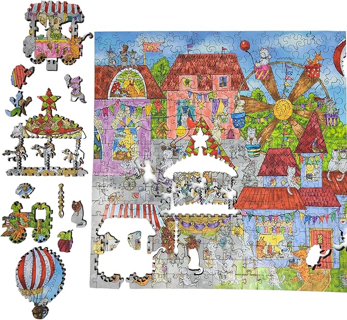 Wooden Puzzle for Adults - Uniquely Shaped Pieces - Made in The USA by FoxSmartBox - 425 Pieces - Busy Town