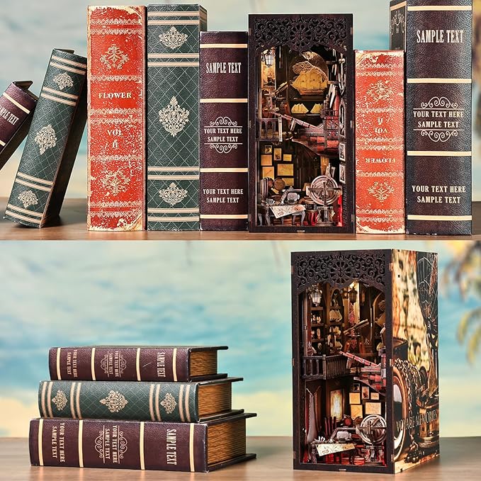 Book Nook Kit, Book Nook Kits for Adults and Teens, DIY Miniature Dollhouse Kit 3D Wooden Puzzle Booknook Bookend with LED Light