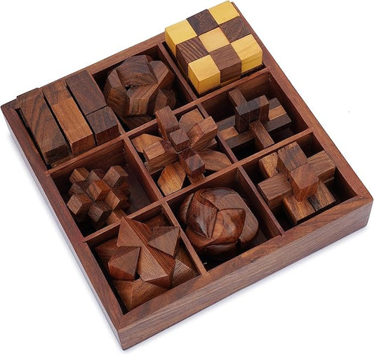 Ajuny 9-in-1 Wooden Puzzle Game Set 3D Brain Teasers Puzzles IQ Logic for Teens and Adults Handmade Interlocking Kongming Lock Game with Decorative Storage Box Unique Gift for Christmas and Birthdays