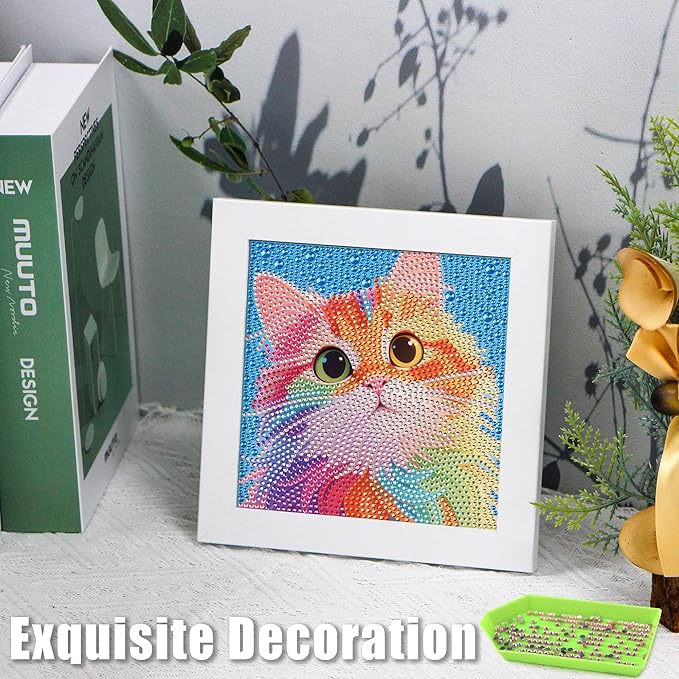 geesfayan Diamond Art Kits for Kids Ages 8-12,6 Inch DIY Gem Art Painting with 7 Inch Frame, Complete Starter Kit for Beginners, Creative Arts & Crafts Gift for Girls & Boys (Colorful Cat)