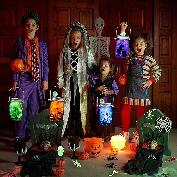 Shemira Halloween Craft Kit for Kids, 4 pcs Glass Mason Jar with Accessories for DIY Lantern Jar, Halloween Art & Craft Party Supplies, Art Activities