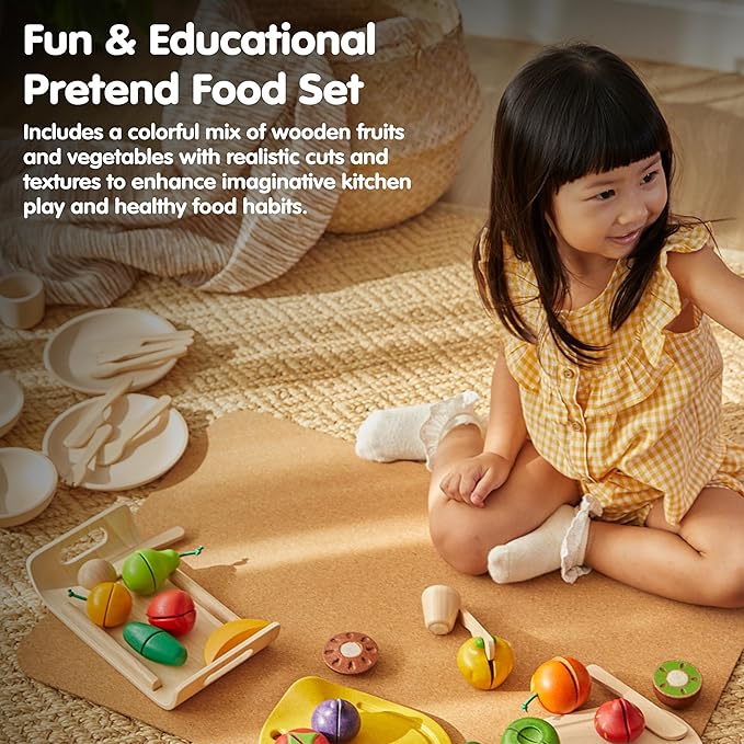 PlanToys Wooden Assorted Fruit and Vegetable Food Set (3416) | Sustainably Made from Rubberwood and Non-Toxic Paints and Dyes